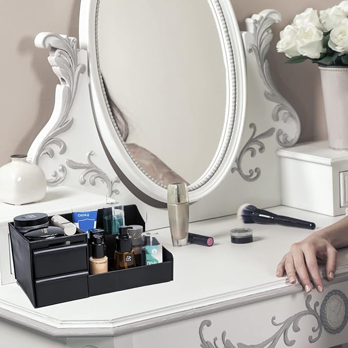 skin care organizer,Makeup Desk Organizer With Drawers ,Countertop Organizer for Cosmetics,Vanity brush with Holder for Lipstick, Brushes, Eyeshadow, and Jewelry Desktop Finishing Dresser (black)