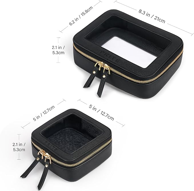 Prite Clear Makeup Bag Set for Women Portable Clear Makeup Bag Cute Waterproof Travel Cosmetic Bag with Gold Zipper for Car Essentials(Black)