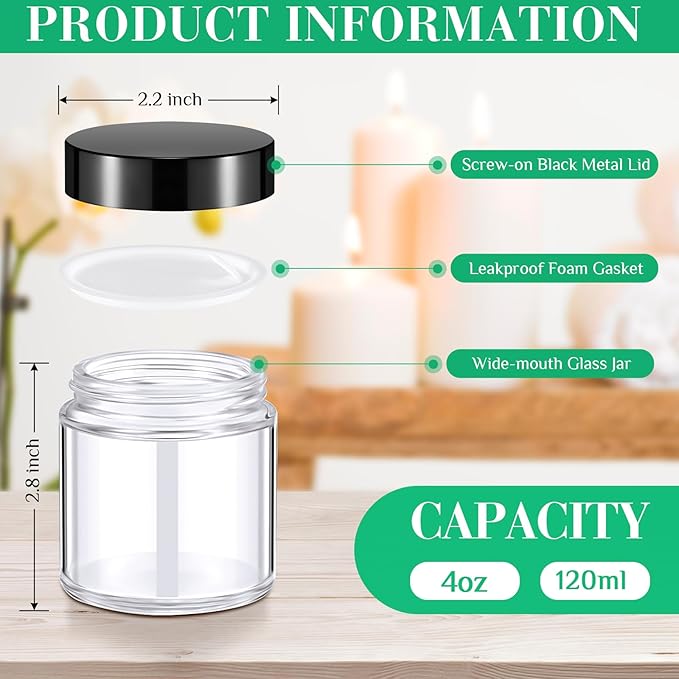 Norme 24 Pcs 4 oz Glass Jars with Lids Leakproof Round Airtight Empty Cosmetic Jars with Inner Liners Lid for Storing Lotions Powder Ointments Candle Making (Black,Clear)