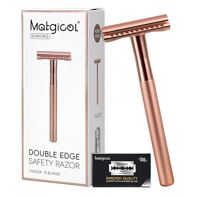 Premium Rose Gold Safety Razor – Swedish Steel Blades, Solid Copper Long Handle, Luxury Shaving Gift for Men & Women