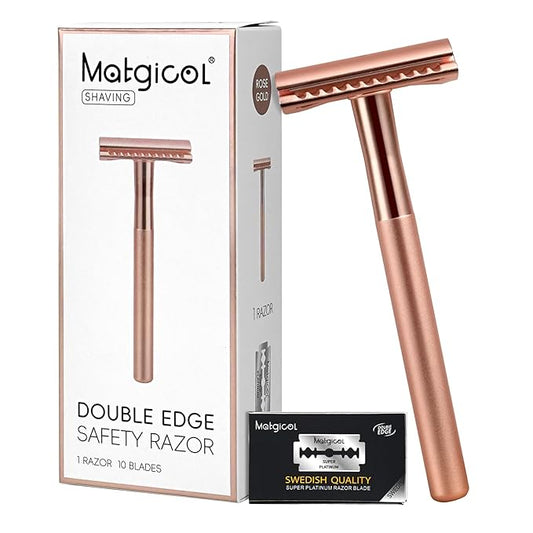 Premium Rose Gold Safety Razor – Swedish Steel Blades, Solid Copper Long Handle, Luxury Shaving Gift for Men & Women
