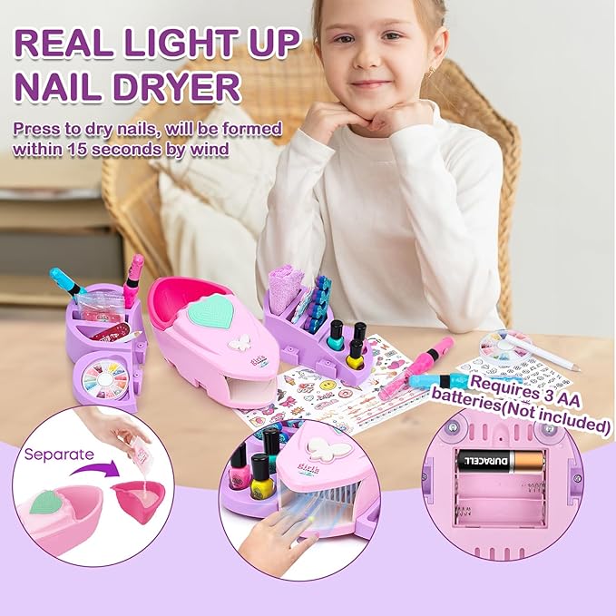 Nail Kit For Girls - Girls Toys 8 -10, Kids Nail Polish Set with Nail Dryer & Temporary Tattoo Kids, Spa Day Kit for Girls, Manicure Birthday Gifts Toys for Girls 6 7 8 9 10-12 Years old