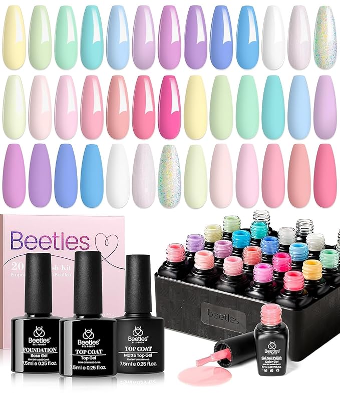 beetles Gel Polish Nail Set 20 Colors Spring Pastel Girly Sparkle Glitter Uv Gel Dreamy Town Collection Macaroon Bright Pastel Nail Manicure Kit with 3Pcs Base Top Coat Gift for Women