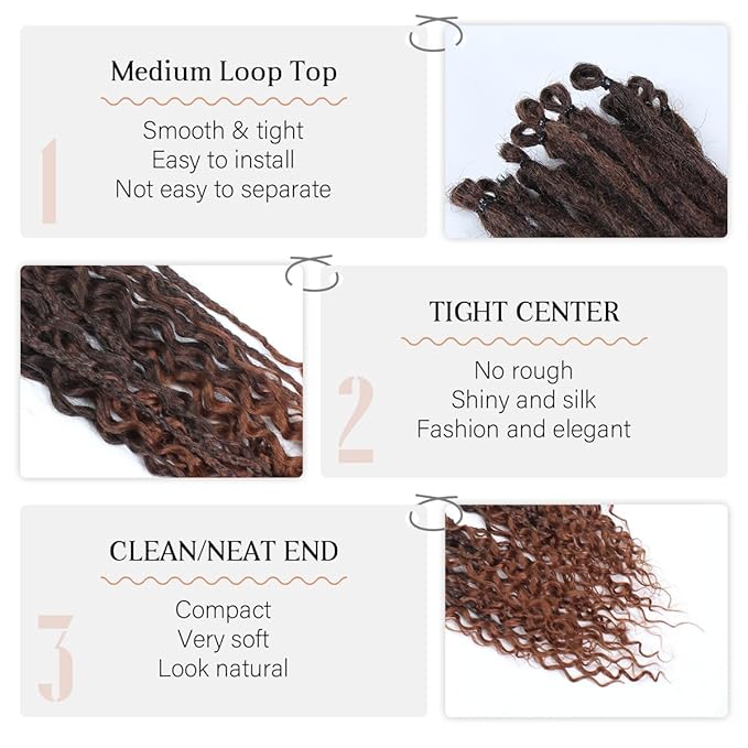 24 Inch 30 Strands SE Dreadlock Extensions Sets，3 In 1 Mixed Synthetic Dreads Extensions, Ombre Aubburn Straight&Curly&Boho Handmade Dreads Hippie Style Dreadlocks for Woman