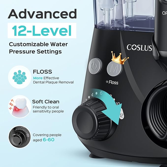 COSLUS Professional Water Flosser for Teeth: 12 Pressure Settings Electric Dental Pick for Orthodontic, Braces, Sensitive Gums - Home Use, 5 Jet Tips for Multiple Users, Family, Black, E2