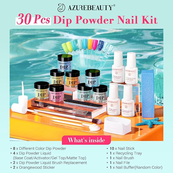 AZUREBEAUTY Dip Nails Powder Starter Kit, Hot Pink Neon Yellow Pastel Blue Green 8 Spring Summer Colors with Nail Sticks, Base Glossy Matte Top Coat Activator Liquid Set Manicure Art 30 PCS