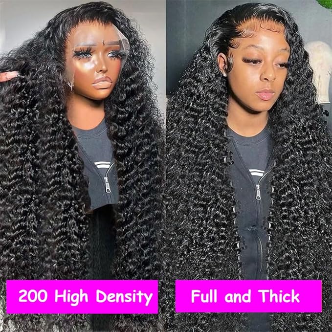 Aomllute 28 Inch Deep Wave Lace Front Wigs Human Hair 200 Density 13x4 HD Lace Frontal Wigs Human Hair Pre Plucked Deep Curly Glueless Wigs Human Hair for Women Natural Black