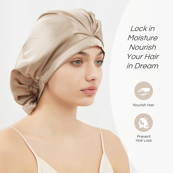 RachelSilk 100% Mulberry Silk Sleep Cap, Grade 6A 19 Momme Silk for Women Hair Care, Silk Night Bonnet with Elastic Stay On Head, Silk Cap After Shower, for Small -Medium Head Size (Taupe)