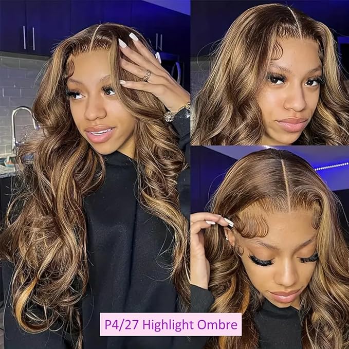 30 Inch Wear and Go Glueless Wigs Human Hair Pre Plucked Pre Cut 5x5 HD Lace Closure Wigs Human Hair Body Wave Wig P4/27 Honey Blonde Ombre Highlight Lace Front Wig 180% Density