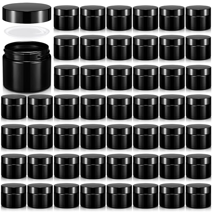 Domensi 48 Pcs 2 oz Glass Jars with Lids Travel Size Round Leakproof Empty Cosmetic Jars with Inner Liners Lid for Storing Makeup Lotions Face Cream Ointments Candle DIY Making (Deep Black)