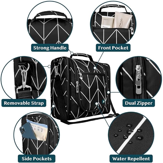 PAVILIA Extra Large Toiletry Bag Travel Bag for Women Men, Hanging Cosmetic Organizer, Water Resistant Makeup Bag for Accessories Toiletries, Travel Essentials Kit (Black Chevron)