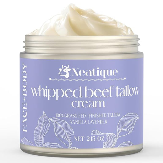 100% Grass Fed Beef Tallow for Skin Care by Neatique | Face & Body | Whipped Moisturizer for Skin | with Organic Beeswax & Organic Honey Balm | All Natural Formula, 2.13oz (2.13 Ounce, Lavender)