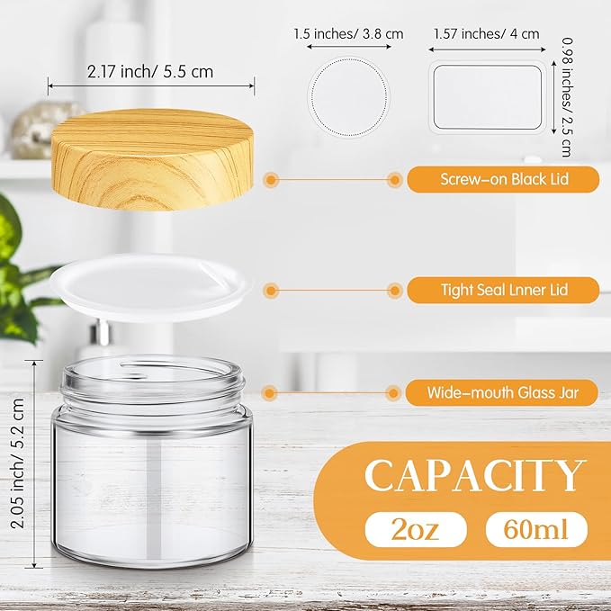 Layhit 12 Pcs Glass Jars with Lids Clear Small Jars with Plastic Woodgrain Lids, White Labels and Inner Liners Empty Round Cosmetic Containers for Creams Lotions Powder Candle Making (2oz/ 60ml)