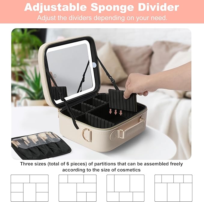 Mocado Travel Makeup Bag with LED Lighted Mirror,Travel Makeup Organizer,Makeup Case with 3 Color Lighted Setting and 10x Magnifying Mirror,Portable Storage and Adjustable Dividers Makeup Box(Beige)