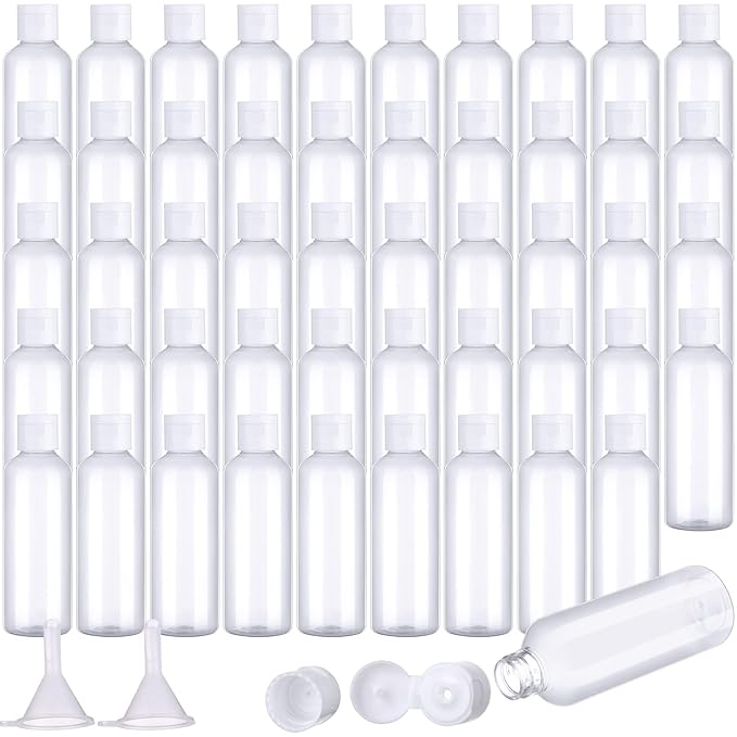 50 Piece 3.4 oz Travel Bottles Set Clear Plastic Refillable Squeeze Bottles with Flip Cap Dispensers and 2 Funnels for Travel-size Liquid Cosmetics(Clear, White)
