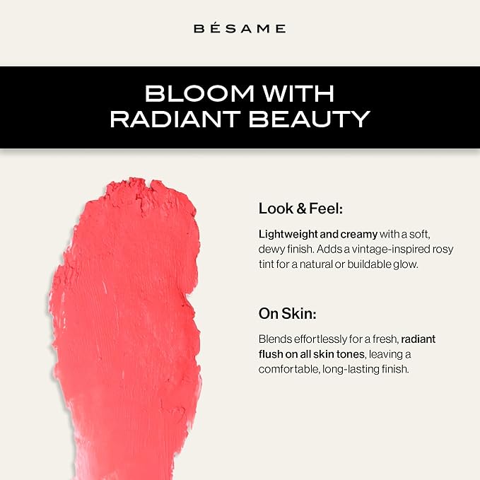 BESAME Poppy Pink Cream Rouge - 1967, Highly Pigmented, Matte Finish, Multi-Use for Lips and Cheeks, Vintage-Inspired Reusable Tin, Long-Wearing