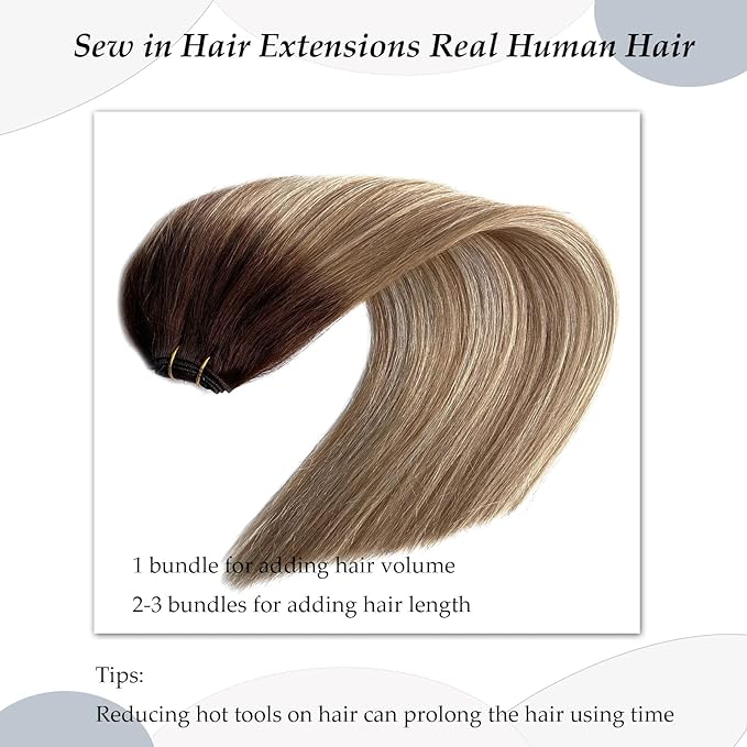 Sew in Hair Extensions Real Human Hair Bundles Ombre Brown Balayage Golden Blonde Weft, 20 Inch, 100G, Hand Tied for Women