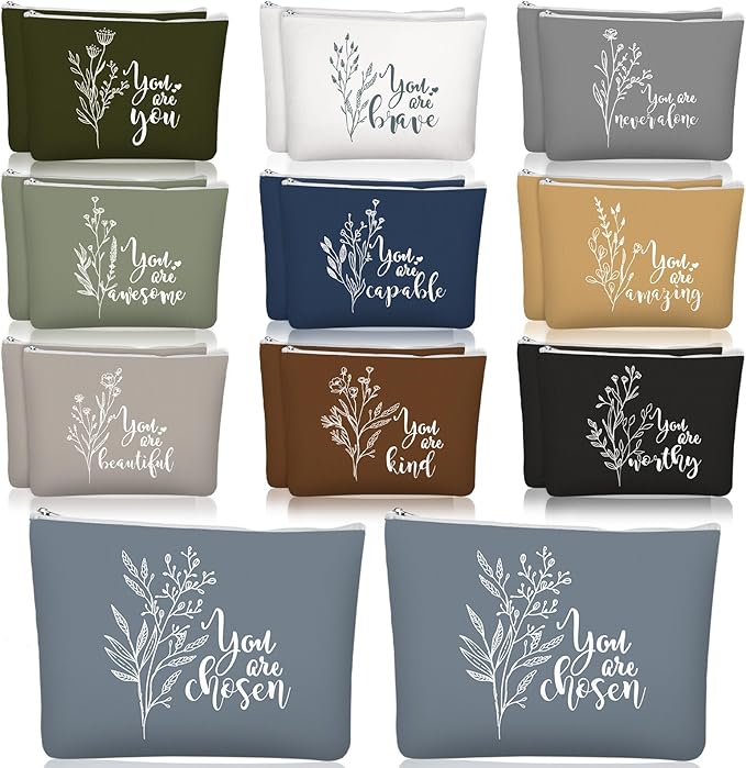 Coume 20 Pcs Inspirational Rainbow Canvas Makeup Bags Bulk Appreciation Quotes Cosmetic Bags Zipper Personalized Encouragement Travel Pouch Toiletry Bag for Women Teacher Nurse Friend(Aesthetic)