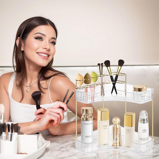 Corner Bathroom Counter Organizer – Classic Storage Shelf for Makeup, Perfume & Toiletries, Space-Saving Countertop Tray Fits Bathroom, Dresser, Kitchen (Clear, 2-Tier)