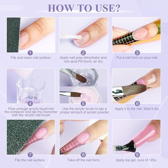 SAVILAND Acrylic Nail Kit: Professional Nails Kit Acrylic Set 15g Clear/White/Pink Powder and Liquid Monomer Set with Brushes Forms Dappen Dish for Beginner DIY at Home