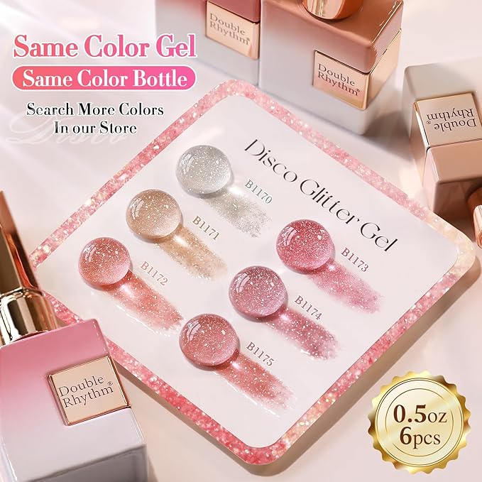 Double Rhythm 0.5 Oz Glitter Gel Polish Set of 6 Color with Display Board 15 ml Full Size Kit Shimmer Reflective Sparkle Soak Off Manicure Salon DIY at Home (Silver Nude Rose Coral Pink-T6-39)