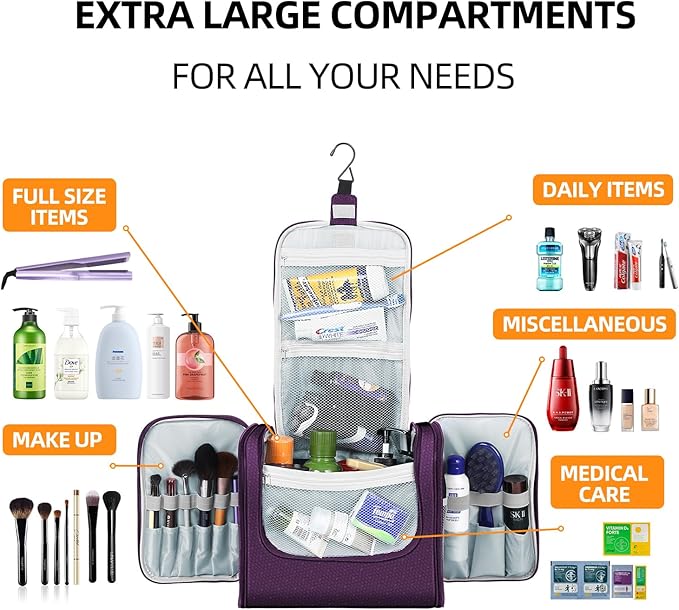 Buruis Extra Large Capacity Toiletry Bag for Women and Men, Hanging Toiletry Organizer Cosmetics Makeup Bag, Water-resistant Dopp Kit for Full Sized Toiletries, Travel Essentials (Purple)