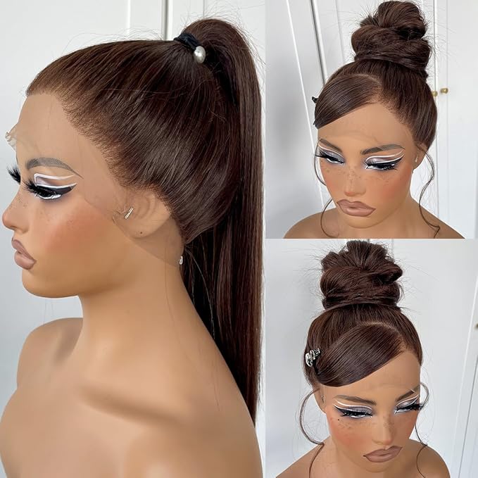 360 Chocolate Brown Glueless Wig Synthetic HD Lace Front Wig Pre plucked Synthetic Long body wave lace front wig Wear and Go HD Lace Front Wig