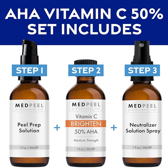 MedPeel 50% AHA & Vitamin C Brightening Essential Peel Kit, Includes Peel, Prep, Neutralizer, Medium Strength Professional Grade Chemical Face Peel, Minimize Fine Lines Wrinkles, 1oz/30ml (Kit of 3)