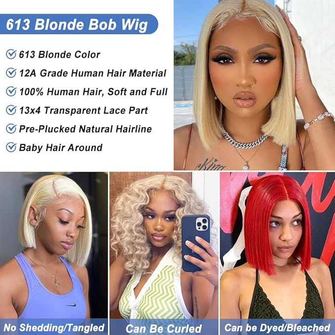 Blonde Bob Wig Human Hair 613 Lace Front Wigs Human Hair 180% Density 13x4 HD Lace Frontal Straight Wigs Human Hair Pre Plucked With Baby Hair Short Bob Wigs for Women 16 Inch