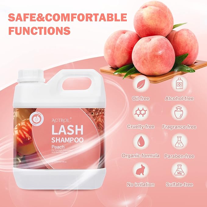 Eyelash Extension Cleanser Peach 2L Natural Lash Extension Shampoo Professional Eyelid Foaming Cleanser Paraben & Sulfate Free Non-lrritating with Salon and Home Care