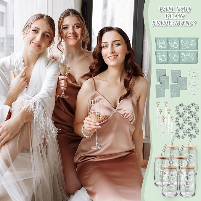 Irenare 36 Pcs Bridesmaid Proposal Gifts Bridal Shower Gifts 16 oz Glass Cup Cosmetic Makeup Bags Invited Cards Scrunchies Hair Knotted Bracelets Diamond Pens Favors for Wedding (Green)