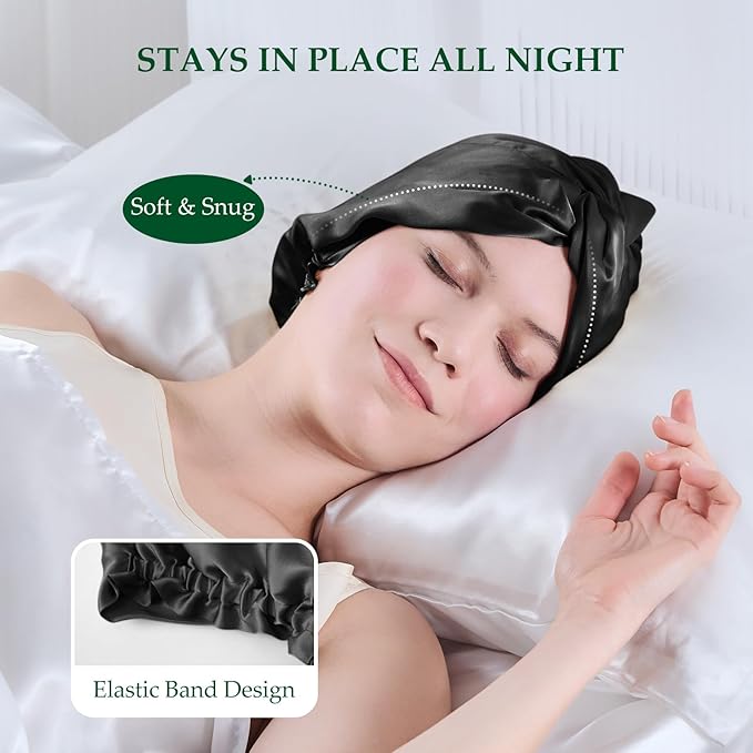 Silk Bonnet for Sleeping Women, 100% Mulberry Silk Sleep Cap with Elastic Band, Real Mulberry on Both Sides, Black