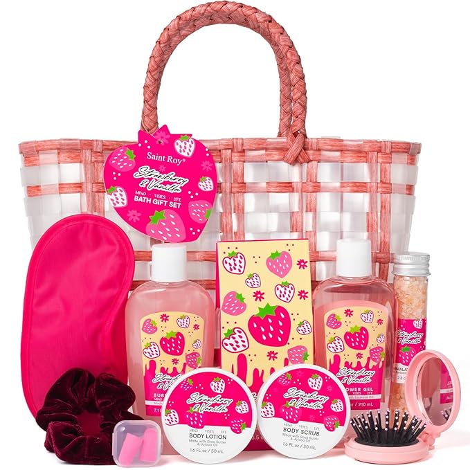 Mother's Day Gifts Spa kit for Women, Unique Gift Set for Teen Girls Tote Bag, 13pcs Strawberry Shower Gift Baskets for girls beauty fruity bath products Birthday Gifts for Daughter, Girlfriend