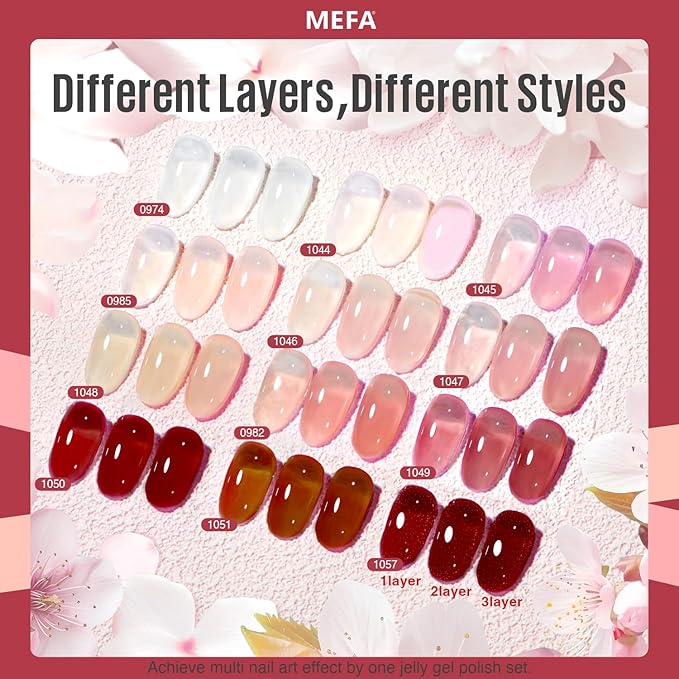 MEFA Jelly Gel Nail Polish Set, 12 Colors Jelly Red Glitter Gel Polish Set Nude Pink Milky White Nail Polish Gel Neutral Transparent Sheer Red Gel Nail Gifts for Women Girl DIY Salon Home Manicure
