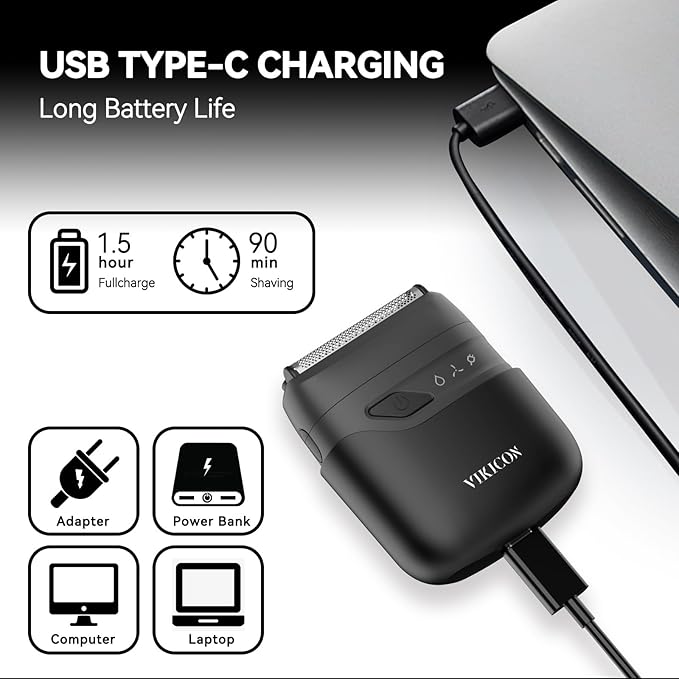 VIKICON® Electric Foil Shavers for Men, Compact Travel Face Shaver, Mini Razor for Shaving Face, Portable On-The-Go Shaver w/Dual Floating Blades, Close Shave Stubble Trimmer USB-C, Gifts for Dad Him