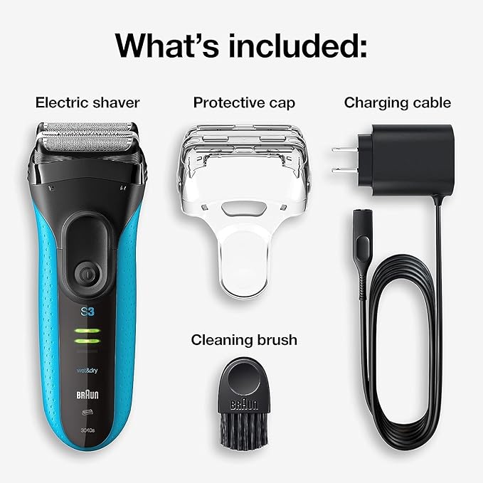 Braun Electric Series 3 Razor with Precision Trimmer, Rechargeable, Wet & Dry Foil Shaver for Men, Blue/Black, 4 Piece