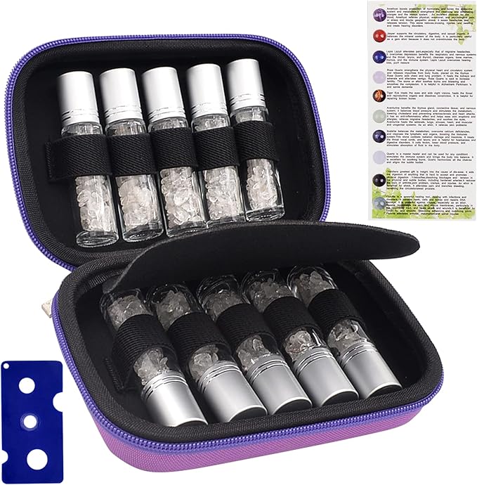 Essential Oil Roller Bottle 10ml w EVA Carrying Travel Case（Clear Glass Bottle with silver Cap、10pack、Gemstone Roller Balls、Crystal Chips Inside、Opener Gemstone Roller Ball Bottles