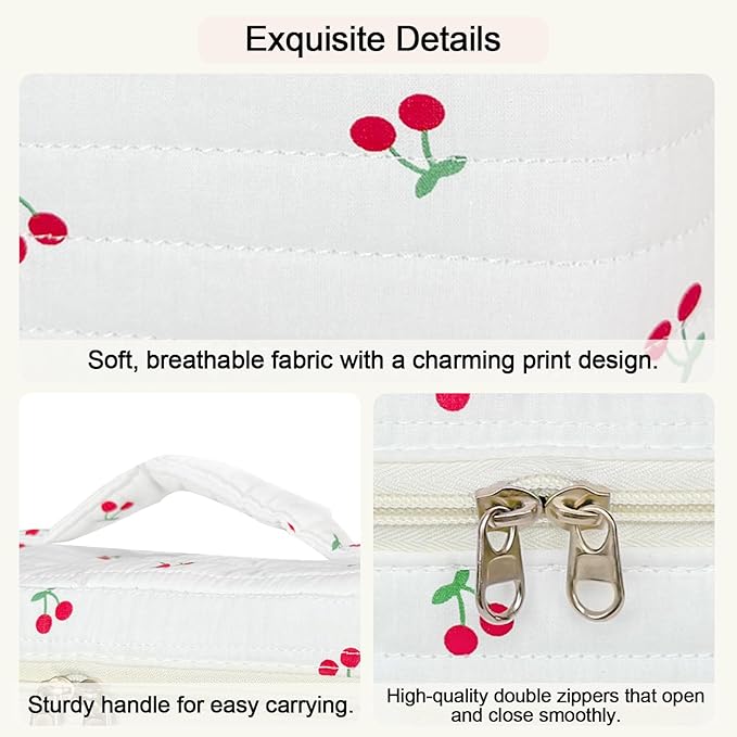 3Pcs Cotton Quilted Makeup Bag for Women Girls, Large Floral Cosmetic Bag Set Cute Makeup Brushes Aesthetic Accessories Storage Bag Cherry Travel Toiletry Bag Organizer