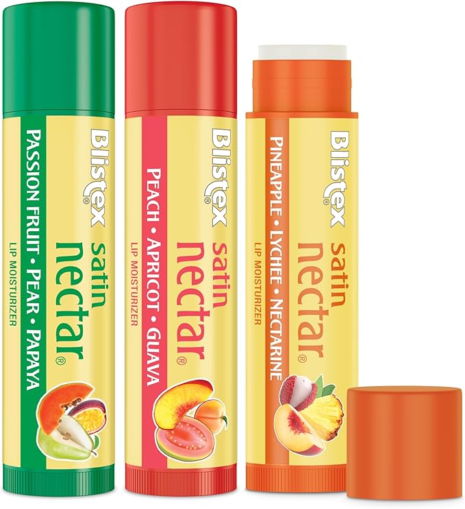 Blistex Satin Nectar Lip Balm, 0.15 oz, 3 Count, Lip Moisturizer Variety Pack, Moisturizes and Comforts Dry Lips, Refreshing Flavor Blend, Easy Glide Formula for Full Coverage, 1 Pack