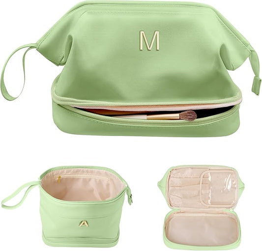 Personalized Women Gifts, Initial Large Makeup Bag, Bride To Be Gifts, Double Layer Cosmetic Bag, Waterproof PU Travel Toiletry Bag for Bachelorette Party Women Wedding Bridal, Bride Gifts