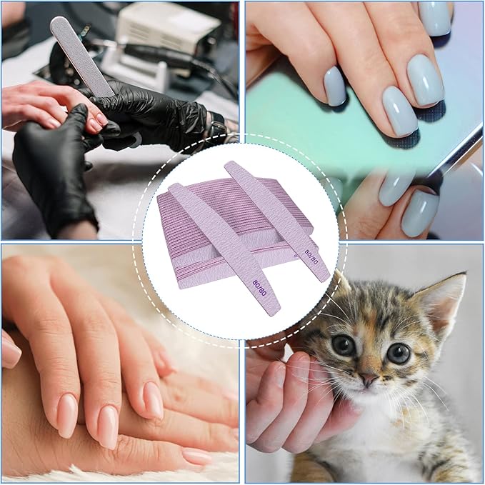 80/80 Grit Nail Files (50 Pack), Emery Boards for Acrylic Nails and Gel Nails, Coarse Nail File Double Sided 80 Grits Emory Professional Nail Filers Reusable Washable Manicure Curved Gray Bulk