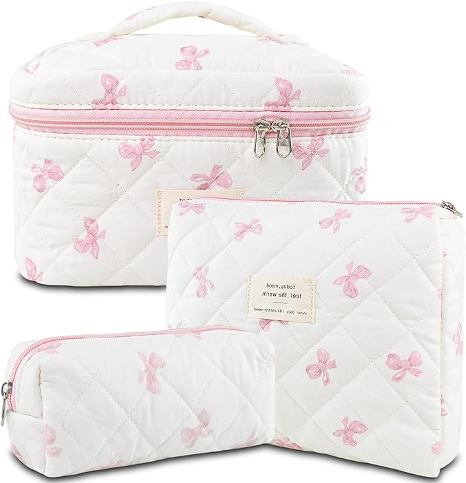 Makeup Bag, 3 PCS Quilted Makeup Bag, Cute Floral Cotton Cosmetic Bag set, Coquette Makeup Pouch Large Travel Toiletry Bag