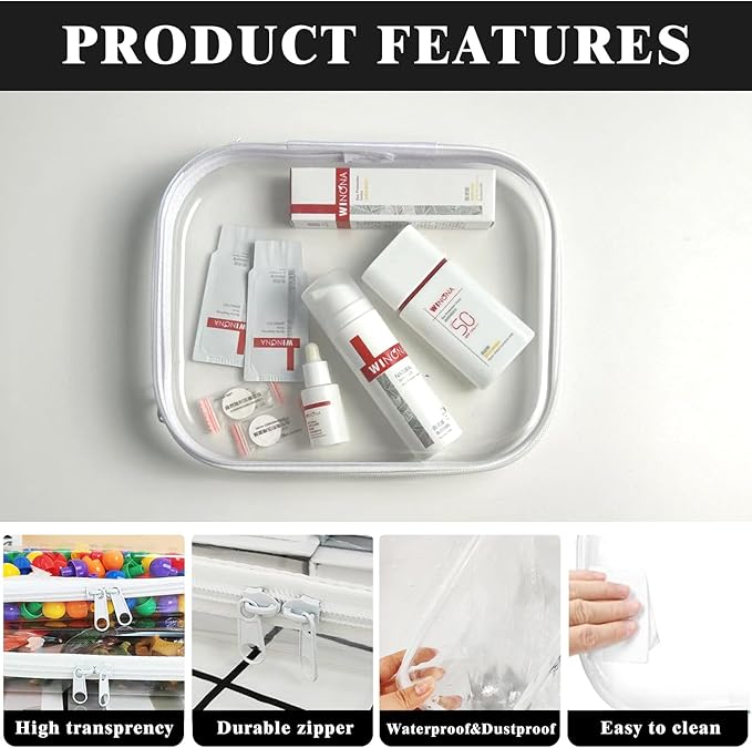 Clear Hard Shell Zipper Case, Zippered Pouch, Plastic Storage Containers for Small Toiletry Items, Toys, Building Blocks, Puzzles, Cosmetics & Stationery (Set of Large, Medium, Small)