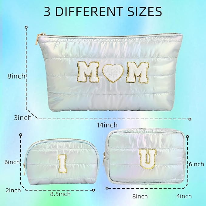 Hiroyuki 3pcs Iridescent Quilted Makeup Bag (ILOVEUMOM, cyan)