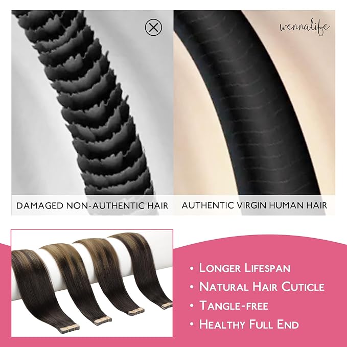 WENNALIFE Tape in Hair Extensions Human Hair Dark Brown to Chestnut Brown and Dirty Blonde Highlighted Tape in Extensions, 10pcs 25g 14 inch Remy Invisible Tape Ins Straight Colored Soft Refill Set