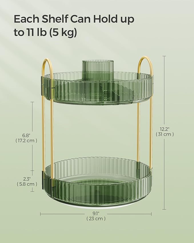 SONGMICS Makeup Organizer, 2-Tier Round Rotating Skincare Organizer Countertop, Customizable, Toiletries Vanity Organizer, Lazy Susan, Gift for Mom, Pale Green UJKA012C01