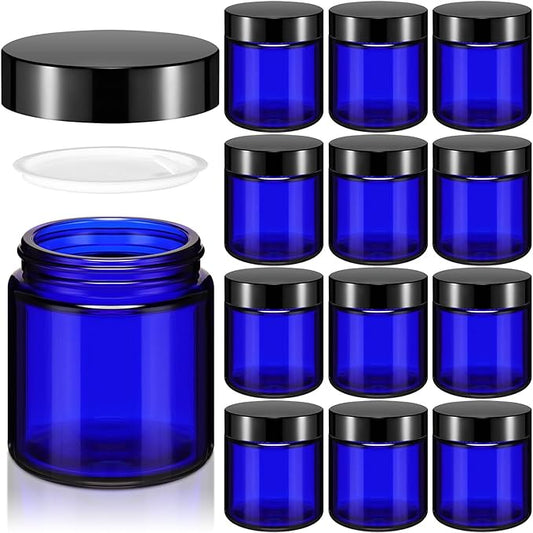 Norme 12 Pcs 4 oz Glass Jars with Lids Leakproof Round Airtight Empty Cosmetic Jars with Inner Liners Lid for Storing Lotions Powder Ointments Candle Making (Blue,Black)