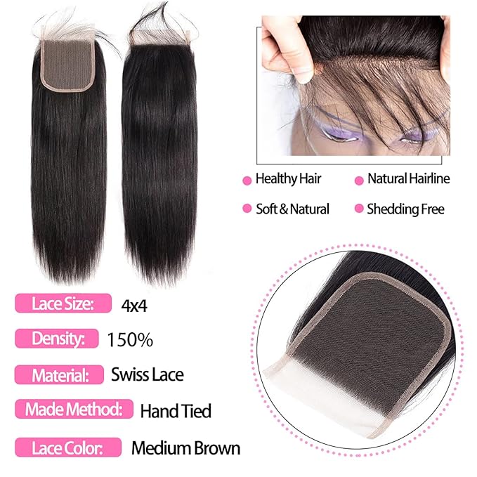 10A Straight Bundles with Closure 20 22 24 with 18 Inch Human Hair Bundles with Closure 100% Unprocessed Brazilian Virgin Human Hair Weave with Closure HD Lace