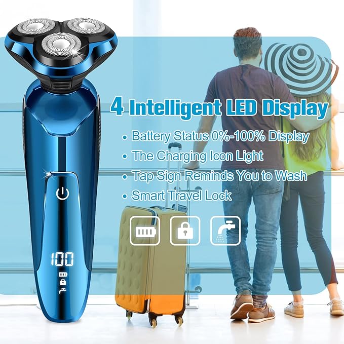 Electric Razor for Men,Men’s Electric Shavers Rotary,LED Display 100% Waterproof Cordless Razor, Wet/Dry Shaving,Electric Shaver for Men Replaceable Blades Portable Travel Razors