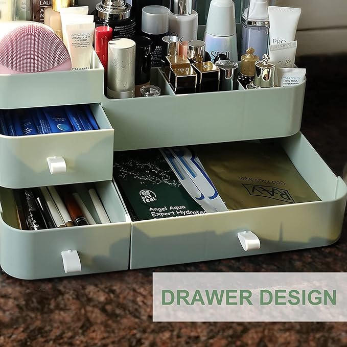 Makeup Organizer for Vanity, Large Countertop Organizer with Drawers, Cosmetics Storage for Skin Care, Brushes, Eyeshadow, Lotions, Lipstick,Nail Polish.Great for Dresser, Bathroom, Bedroom-Green